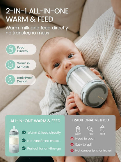 Grownsy Detachable Portable Bottle Warmer for Travel On the Go, All-in-One Milk Warmer with Nipple, Dual Heating Modes for Breastmilk & Formula, 2 Min Fast Heating, Long Battery Life (Green)