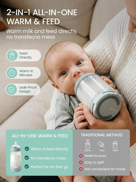 Grownsy Detachable Portable Bottle Warmer for Travel On the Go, All-in-One Milk Warmer with Nipple, Dual Heating Modes for Breastmilk & Formula, 2 Min Fast Heating, Long Battery Life (Green)