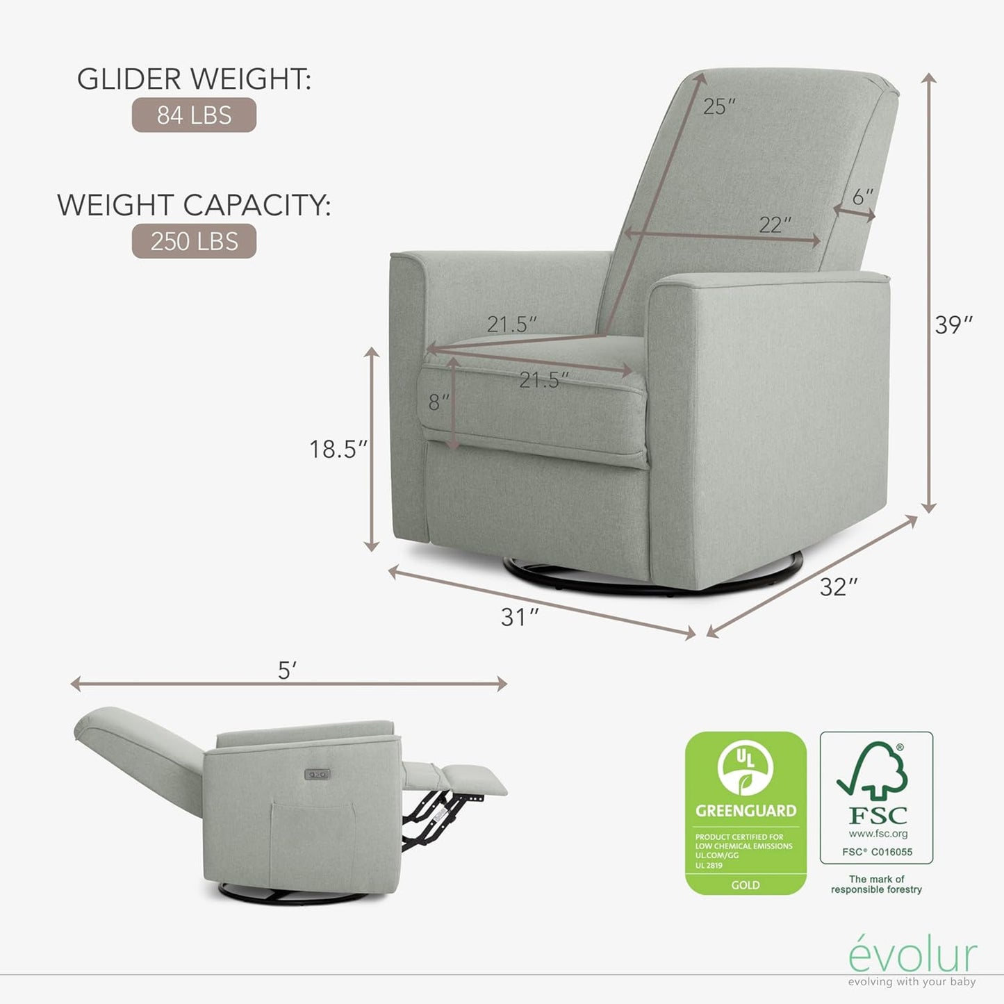 Evolur Harlow Upholstered Power Glider Recliner with USB Charging – Rocking & 275° Swivel with Smooth Glide – Greenguard Gold & FSC Certified – Modern Nursery and Living Room Chair in Light Sand