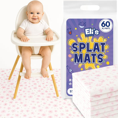 30 Pack Disposable Splat Mats by Eli with Love - Extra Large 49"x49" 100% Waterproof Baby Splat Mat for Under High Chair - Plastic Mat Liner for Floor - Protect from Spills (Moon & Stars, 30 Pack)