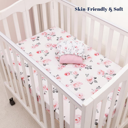 PHF 3 Pack Soft Mini Crib Sheets, Floral & Animal Pack N Play Sheets for Baby Boys Girls, No Slip Universal Fit for Pack N Play, Playard, Portable and Mini Crib Mattresses,Floral & Animal