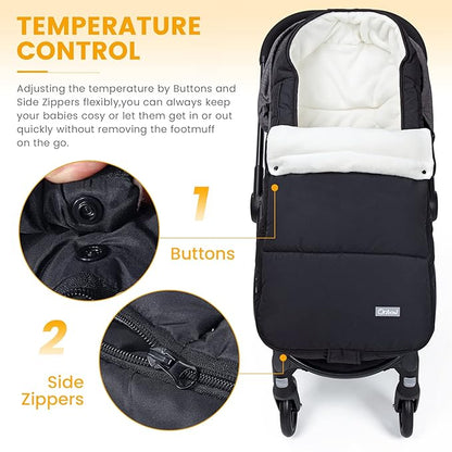 Orzbow Footmuff for Stroller, Weatherproof Anti-Kick Universal Toddler Sleeping Bag,Removable Warm Coral Fleece Lined Stroller Bunting Bag Footmuff（Black）