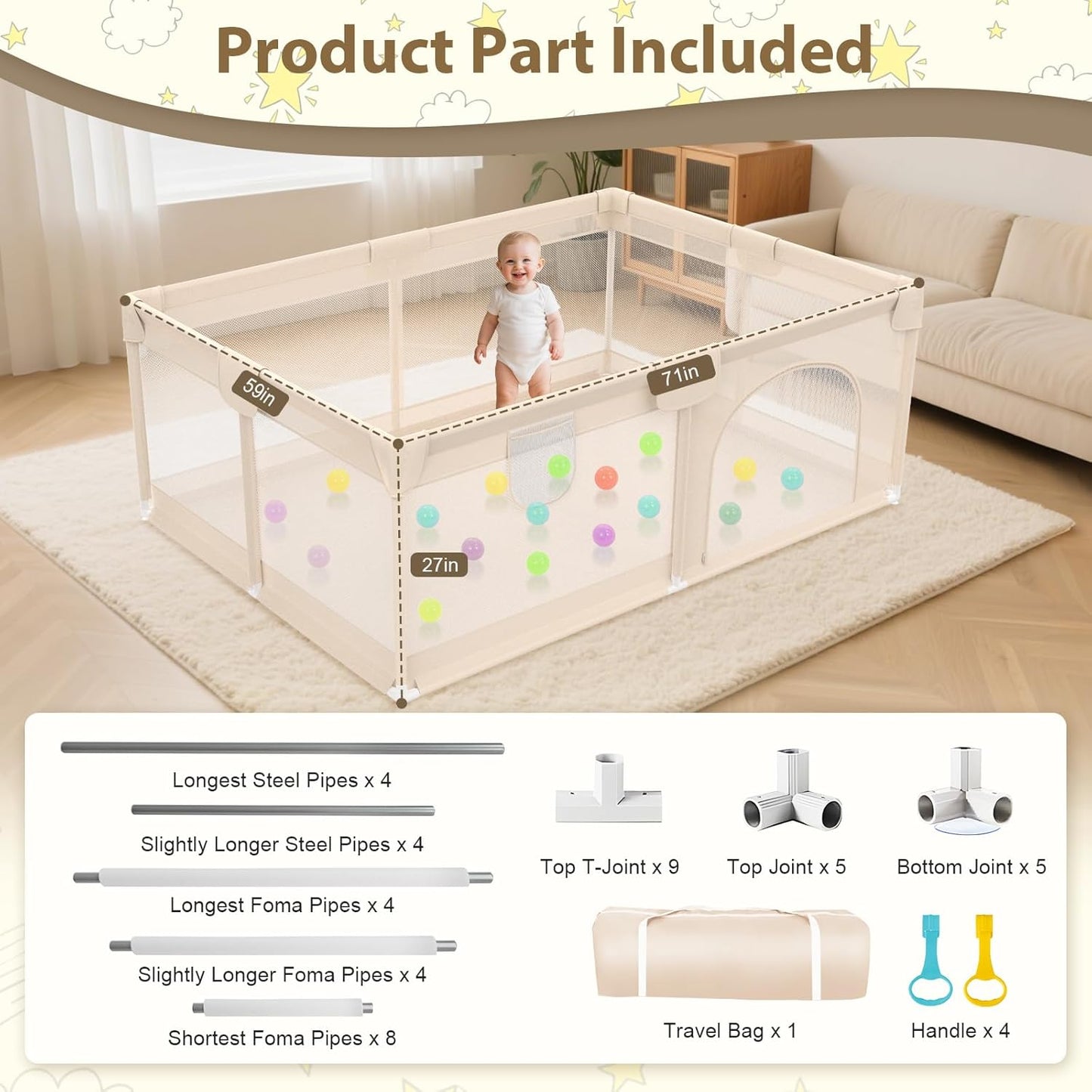 Baby Playpen with Mat 79x71inch - Extra Large Play Pen for Babies and Toddlers Indoor & Outdoor Baby Playard with Soft Breathable Mesh Cover - Sturdy Foam Infant Gate Playpen(Apricot)