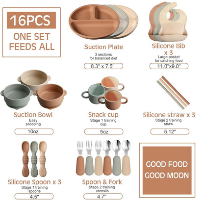 24 Pack Silicone Baby Feeding Set Baby LED Weaning Supplies Includes Suction Divided Plates Soft Bowl Spoons Forks Adjustable Bib Snack Cup and Straws(Gray Blue, Army Green, Beige)