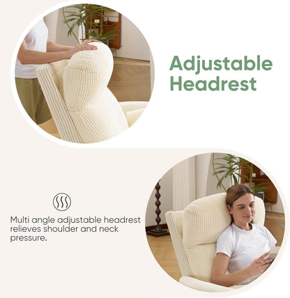 Oversized Swivel Rocker Recliner Chair with Heat and Massage, Rocking Chair with Adjustable Headrest, Manual Recliner, Glider Recliner with 2 Pillows, Chenille White