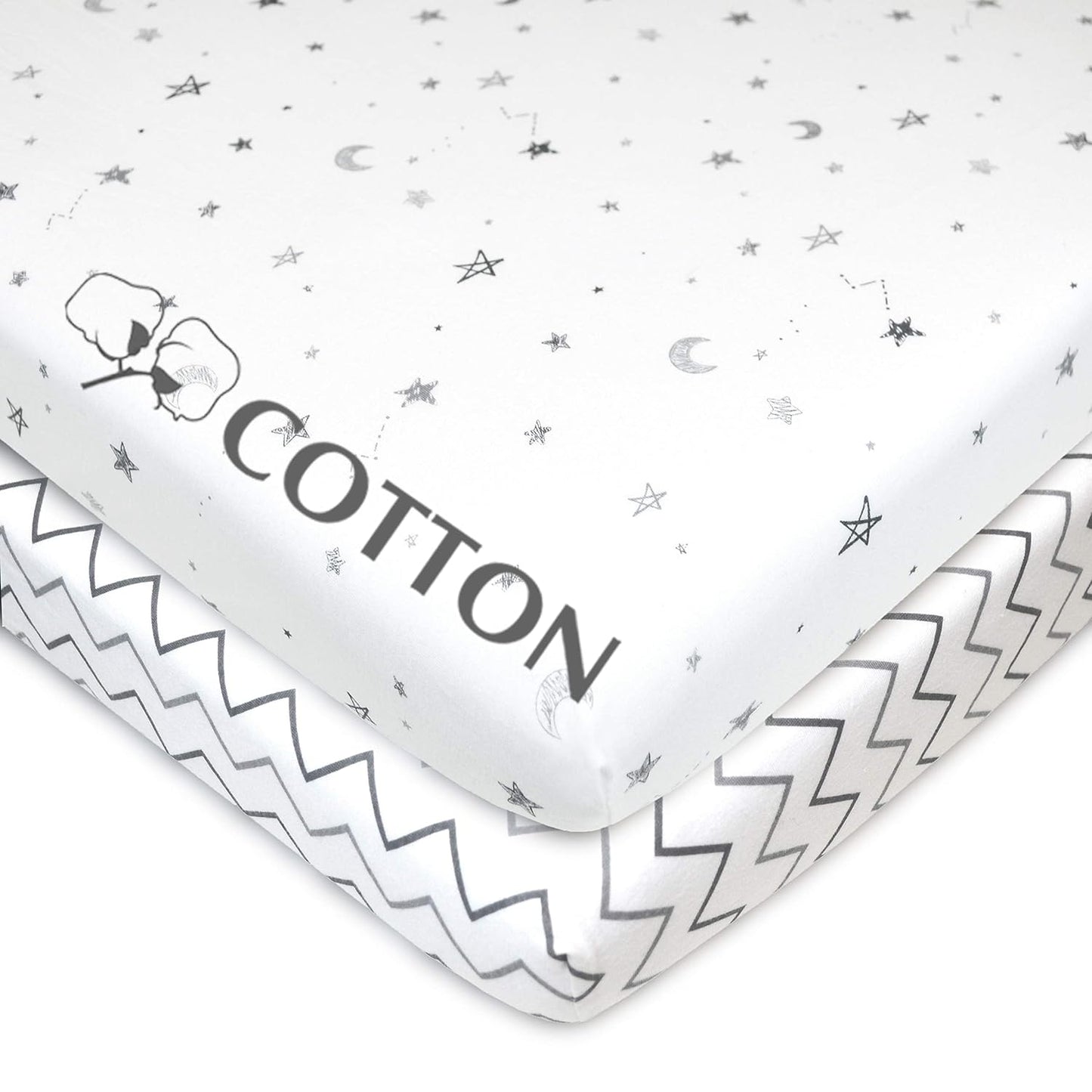 American Baby Company 2 Pack 100% Natural Cotton Fitted Pack and Play Sheets 39" x 27" - Soft & Breathable Pack N Play Sheets for Playard & Mini Crib Mattress, Pink Stars/Zigzag, for Boys & Girls