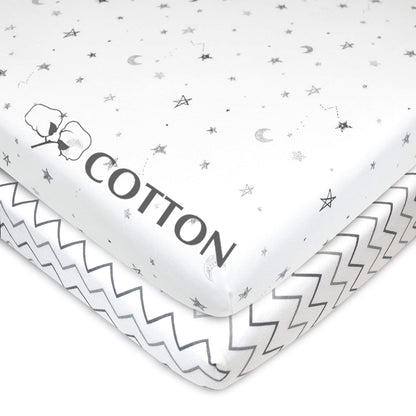 American Baby Company 2 Pack 100% Natural Cotton Fitted Pack and Play Sheets 39" x 27" - Soft & Breathable Pack N Play Sheets for Playard & Mini Crib Mattress, Pink Stars/Zigzag, for Boys & Girls