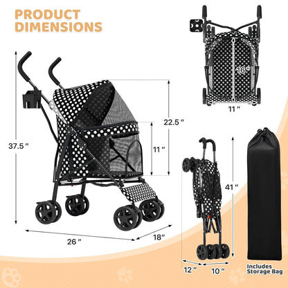 Magshion Compact Pet Stroller for Small-Medium Dogs/Cats up to 22lbs, 4-Wheel Lightweight Umbrella Shaped Portable Puppy Travel Jogger with Breathable Mesh, Cup Holder & Rear Storage, Black