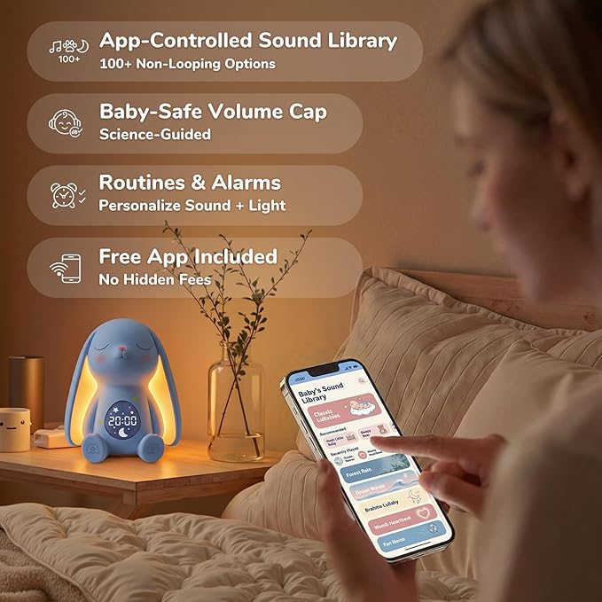 Mom's Choice Awards丨Bunny White Noise Sound Machine Baby for Sleep- AI Cry Detection, 100 Soothing Sounds, Full APP Access Included, Easter Gifts for Baby, Night Light & Sleep Trainer, New Mom Gift