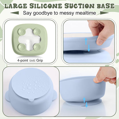 Domensi 4 Pcs Square Porcelain Kid Plate and Bowl Set with Suction, 2 Ceramic Toddler Divided Plate 2 Baby Anti Slip Silicone Sleeve Bowl for Feeding Supplies Microwave Dishwasher Safe(Blue, Green)