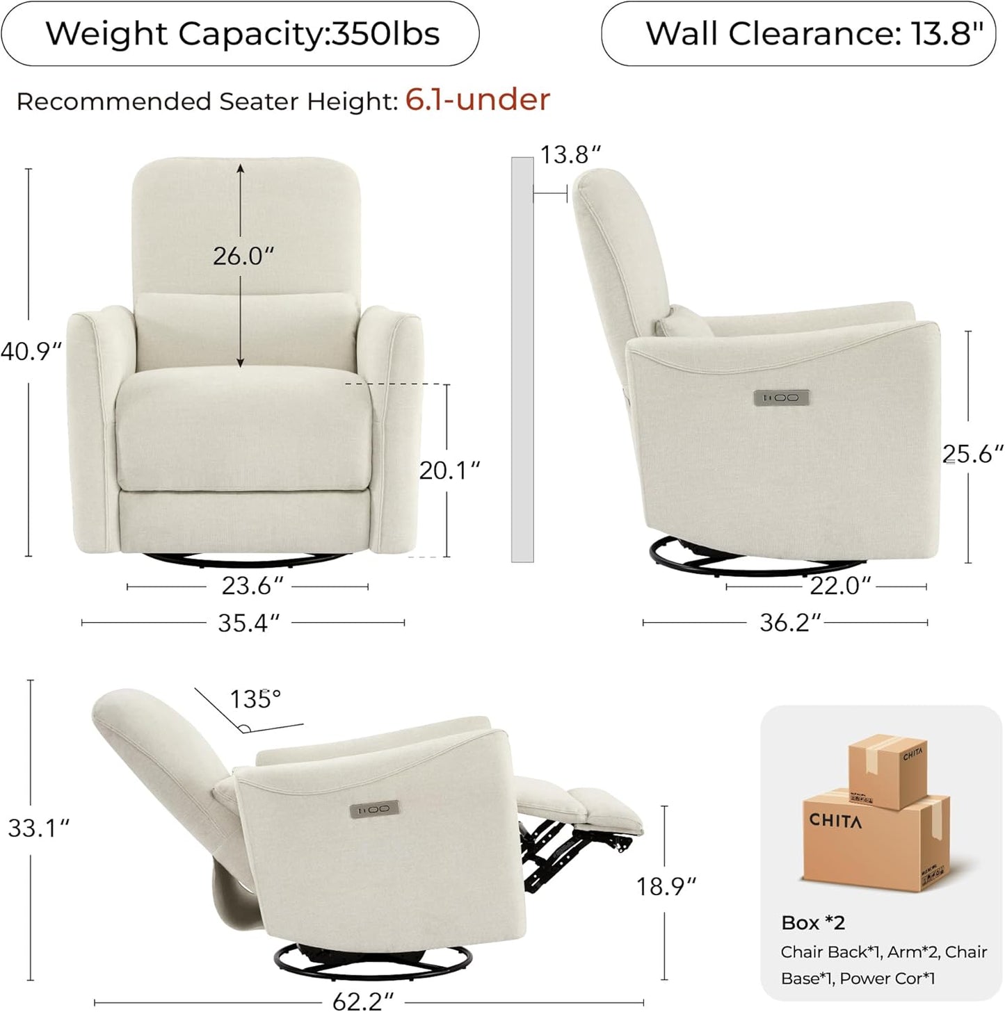 CHITA Power Recliner Chair Swivel Glider, FSC Certified Upholstered Living Room Nursery Reclining Sofa Chair with Lumbar Support, Linen