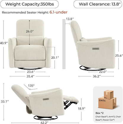 CHITA Power Recliner Chair Swivel Glider, FSC Certified Upholstered Living Room Nursery Reclining Sofa Chair with Lumbar Support, Linen