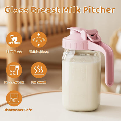 OneDream Breast Milk Pitcher 32oz Glass Pitcher with Lid, Formula Pitcher Leakproof Drip-Free Spout, Wide Mouth Mason Jar Pitcher for Easy Pouring, Dishwasher Safe Breastmilk Storage Pitcher