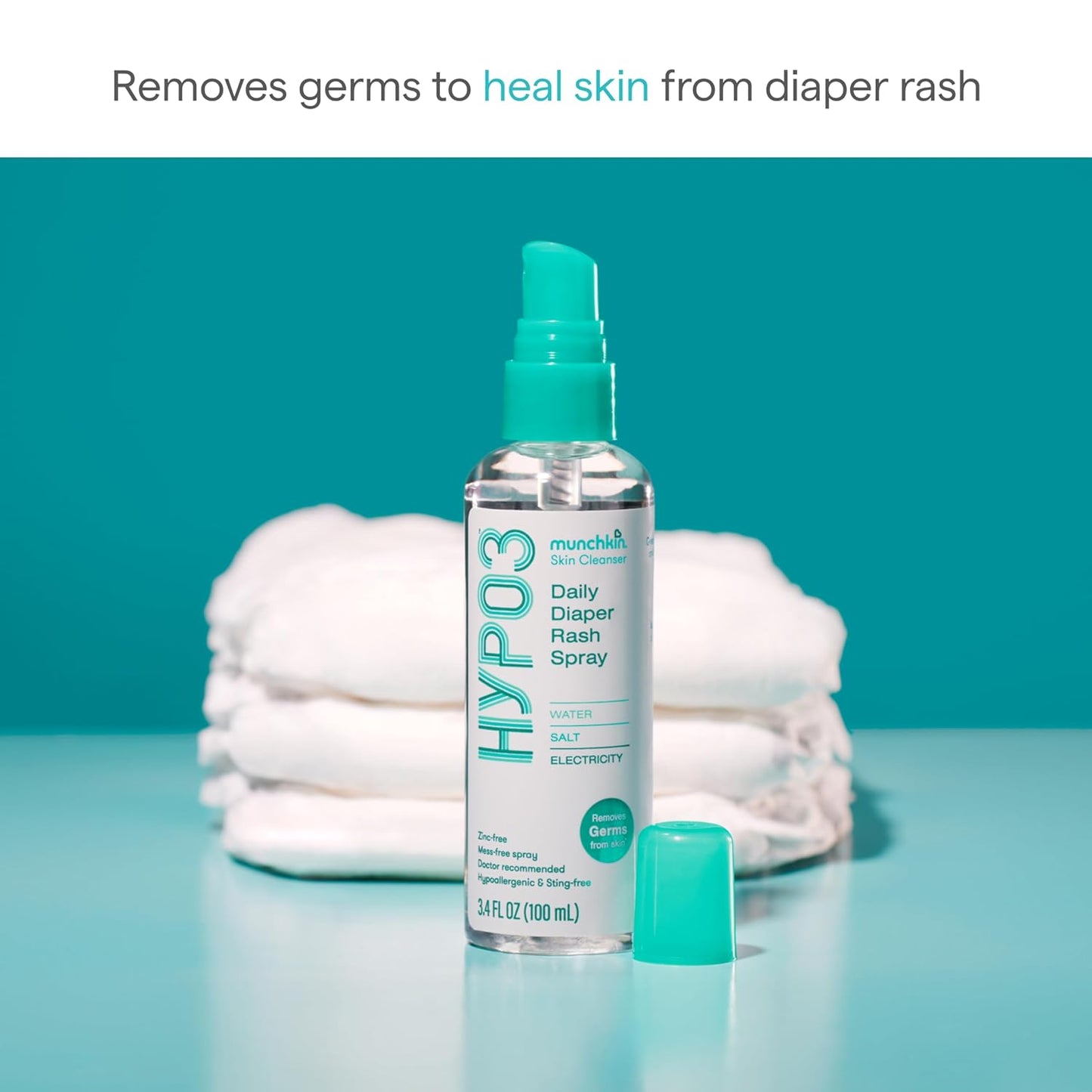 Munchkin HYP03 Diaper Rash Hypochlorous Acid Spray for Face and Body, Removes Rash-Causing Germs, Helps Promote Healing, Gentle for Sensitive & Eczema-Prone Skin, 3.4 Ounce