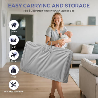 MOMFANN Baby Bassinet Bedside Sleeper, Upgraded Stability Bedside Crib with Full Mesh Sides, Soft Sheet, 6-Height Adjustment, Storage Basket, Easy Folding Portable Bassinet for Newborns, Gray