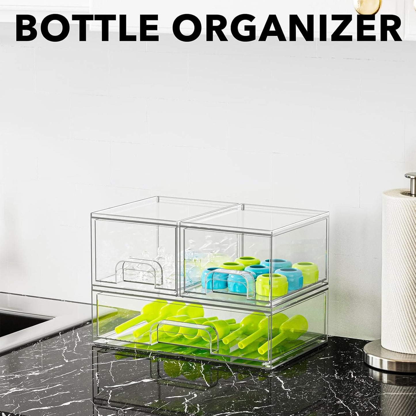 SpaceAid Bottle Storage Organizer Baby - Acrylic Bottles Station Organizer Container, Stackable Clear Drawers for Countertop, Vanity, Bathroom, Cabinet, Pantry Organization, 5 Pack, 2S2M1L, 15.4" H