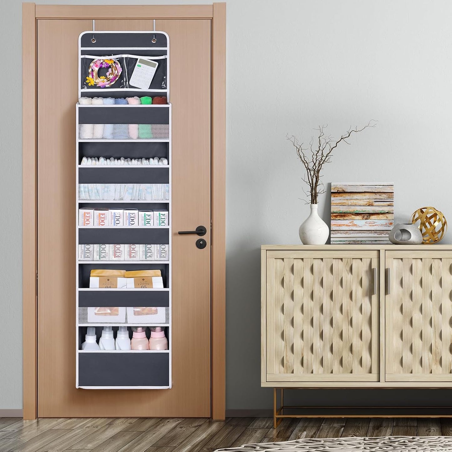 Univivi Over The Door Organizer, 5 Shelf Door Hanging Organizer Nursery Door Storage with 4 Large Compartments and 2 Small PVC Pockets 6 Side Pockets for Bathroom,Cosmetics and Nursery Baby Essential