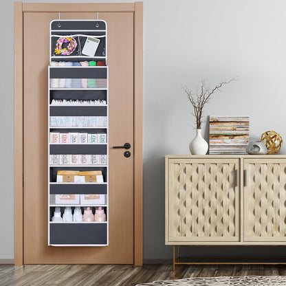 Univivi Over The Door Organizer, 5 Shelf Door Hanging Organizer Nursery Door Storage with 4 Large Compartments and 2 Small PVC Pockets 6 Side Pockets for Bathroom,Cosmetics and Nursery Baby Essential