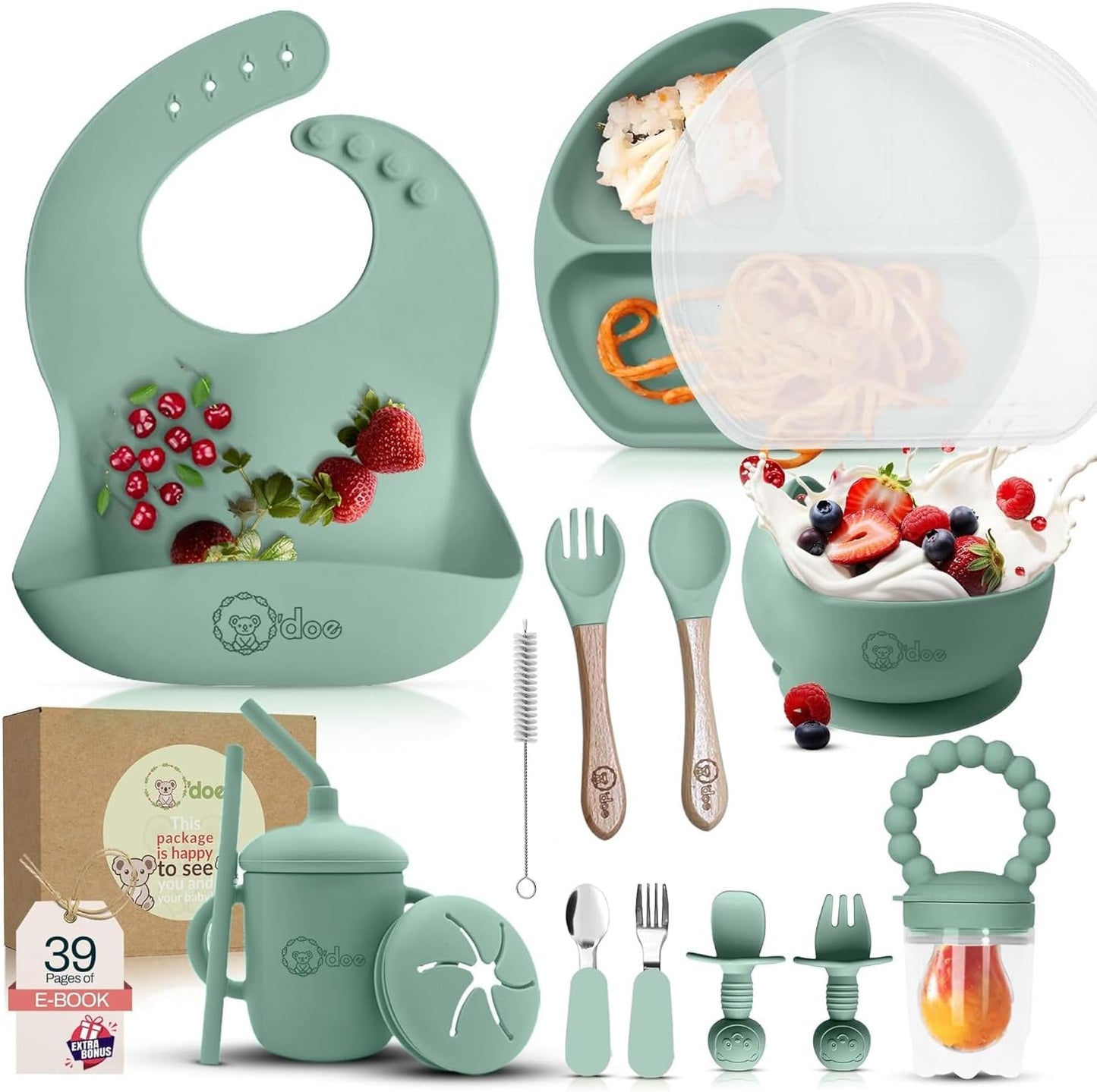 O'doe 17-Piece BPA-Free Silicone Baby Feeding Set | Thick & Soft Suction Plates, Baby Bowls, Wooden Fork & Spoon, and More | Make Mealtime Fun and Easy for Your Little One (Purple, V2)