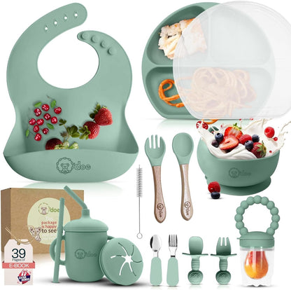 O'doe 17-Piece BPA-Free Silicone Baby Feeding Set | Thick & Soft Suction Plates, Baby Bowls, Wooden Fork & Spoon, and More | Make Mealtime Fun and Easy for Your Little One (Purple, V2)