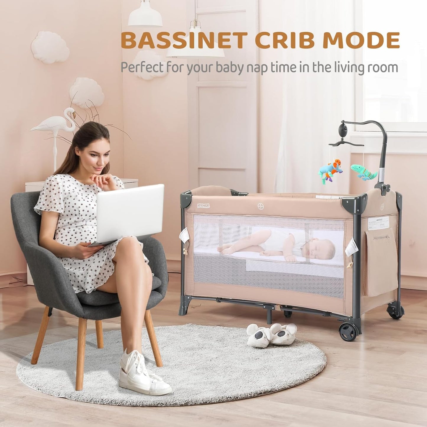 JOYMOR Baby Bedside Bassinet, Baby Bassinet, Pack n Play Convert Playpen, Quick Foldable Travel Bed with Wheels & Brake, Carry Bag for Boys Girls (Gray)