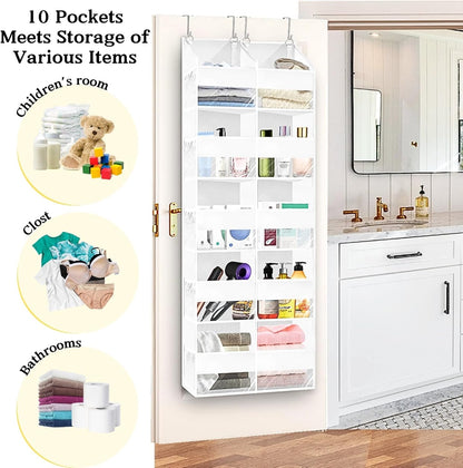Over The Door Organizer, 5-Tier Extra Large Behind Door Storage with 10 Big Front & 10 Mesh Pockets, 80lb Capacity, Hanging Storage Organizer with Clear Window Kids Toys, Shoes, Diapers, Light Grey
