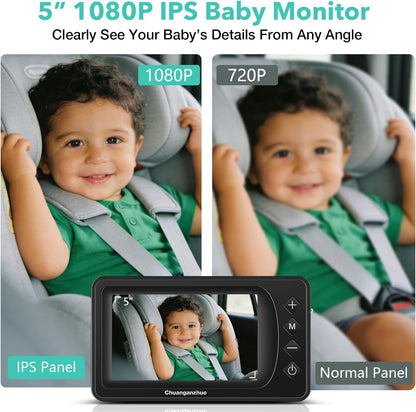 5'' Baby Car Camera with NO.1 Night Vision, USB Powered, Mirror/Normal Mode, 1080P IPS Crystal-Clear Car Baby Monitor With Brightness Setting & 3X Zoom, infant Backseat Camera, S100U, 5inch Black