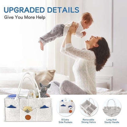Maliton Baby Diaper Caddy, Nursery Storage Bin & Car Organizer with Handle, Large Felt Bag for Newborn essentials Boy or Girl, Changing Table Organizer for Baby Stuff, 15" x 9" x 7" Baby Shower Basket