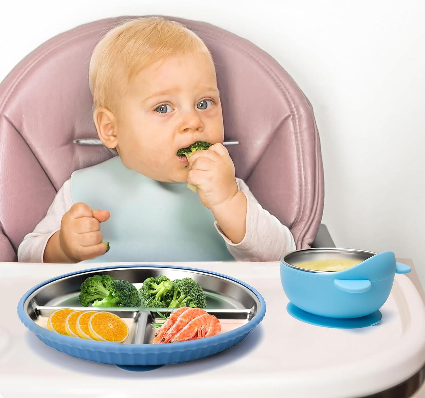 MISSLILI Stainless Steel Baby Plate and Bowls with Suction, Divided Kids Baby Plate and Toddler Bowl with Removable Silicone Suction, Non-Slip Baby Feeding Set Dishwasher Safe，4 Packs