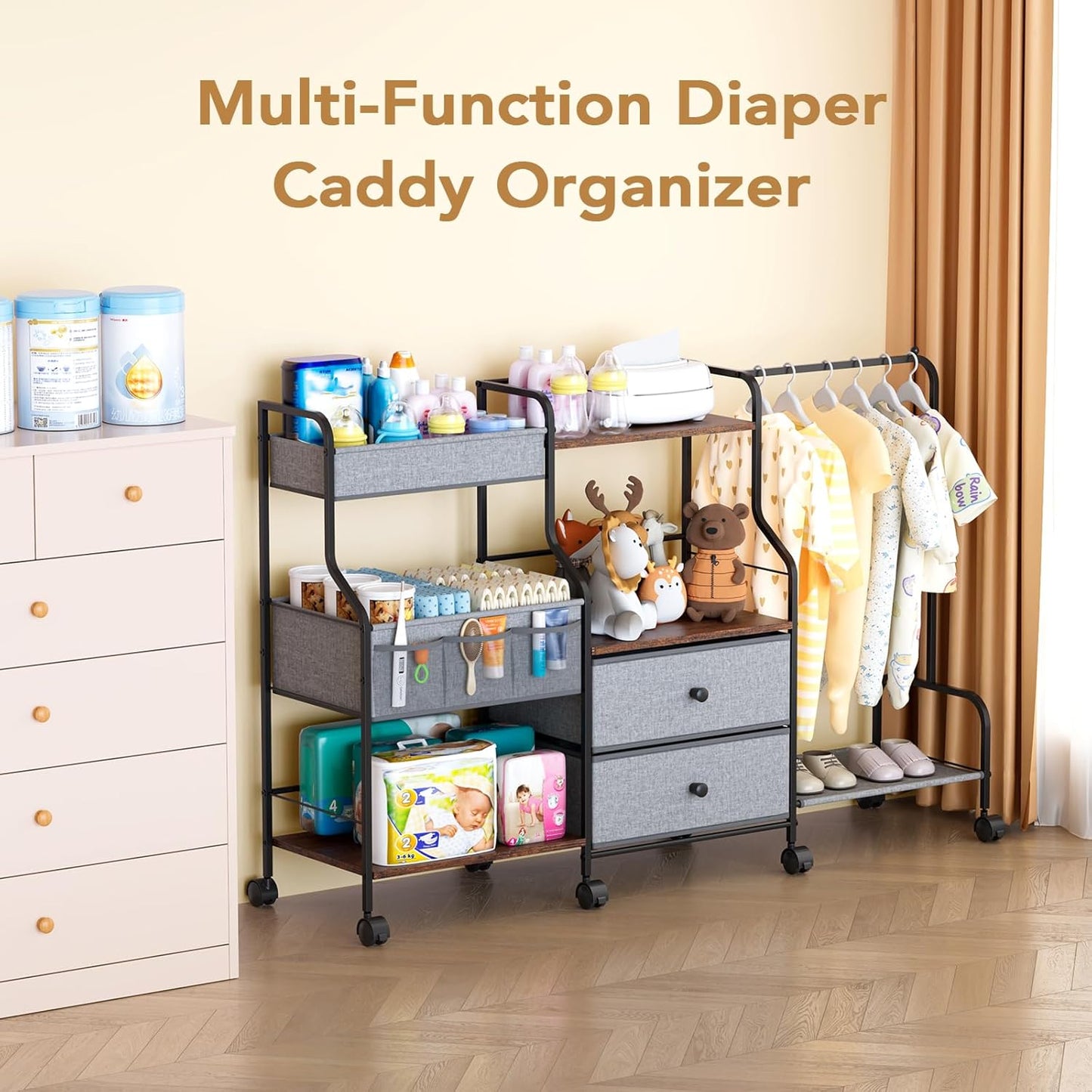 BBLIKE Diaper Caddy Organizer with Hanging Rack - 3 Tier Rolling Utility Cart with Drawers and Dividers for Baby Bottle Storage - Bedside Cart for Changing Station, Crib, Nursery, Bedroom, Beige