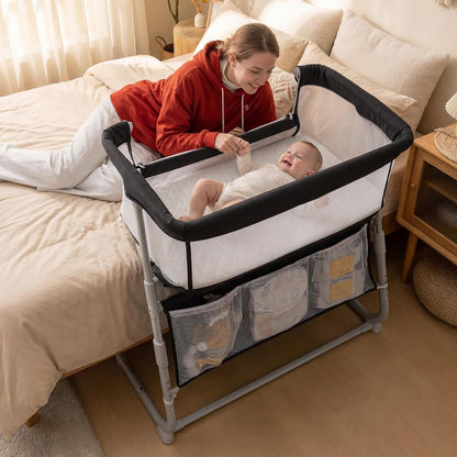 BABY JOY Bassinet, Bedside Crib w/Adjustable Height, Comfy Mattress, Full-Mesh Sides and Storage Pockets for Newborns Infants, Baby Bassinets Bedside Sleeper for Safe Co-Sleeping