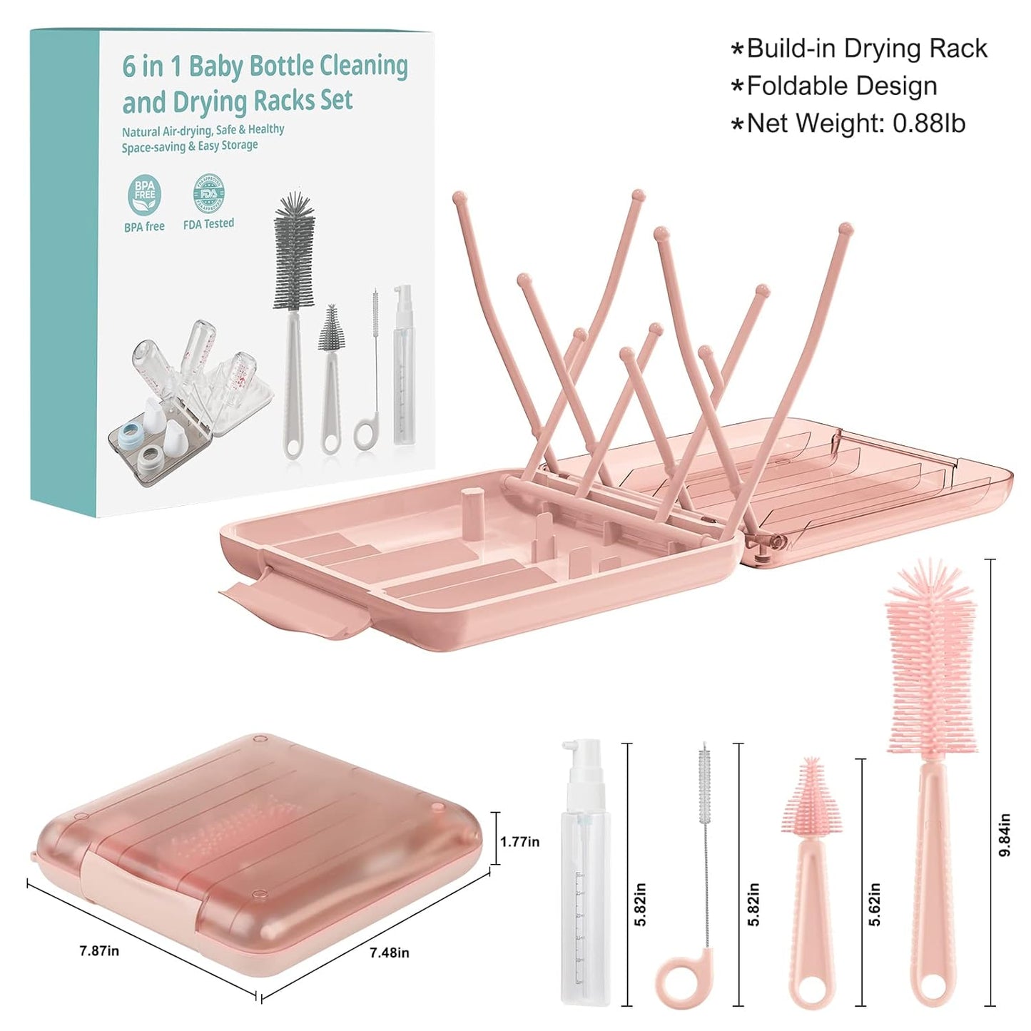 Bottle Brush Set -Baby Travel Essential-6 in 1 Bottle Cleaner Kit with Silicone Bottle Brush,Nipple Cleaner Brush,Straw Brush,Soap Dispenser,Storage Box,Bottle Drying Rack for Home and Travel(Green)