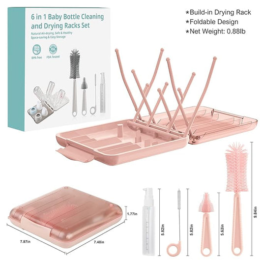 YomauiYee Baby Bottle Brush Set-6 in 1 Bottle Brush Cleaner with Silicone Bottle Brush,Drying Rack,Nipple Brush,Straw Brush,Soap Dispenser&Storage Box-Baby Essentials Gifts for Home&Travel(Pink)