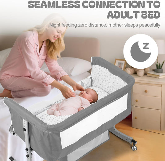 Baby Bedside Sleeper Bassinet with Changing Table, 39.4x23.6in, Portable, 6-Height Adjustable, 4-in-1 Iron Frame, Silent Wheels & Brakes, Breathable Mesh, Grey, for 0-24 Months
