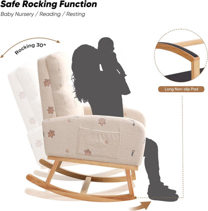 HCHAIRH Rocking Chair Nursery, Upholstered Fabricr Nursing Rocking Chairs with Soft High Back, Modern Nursery Glider Rocker for Mom Living Room, Bedroom, Camel