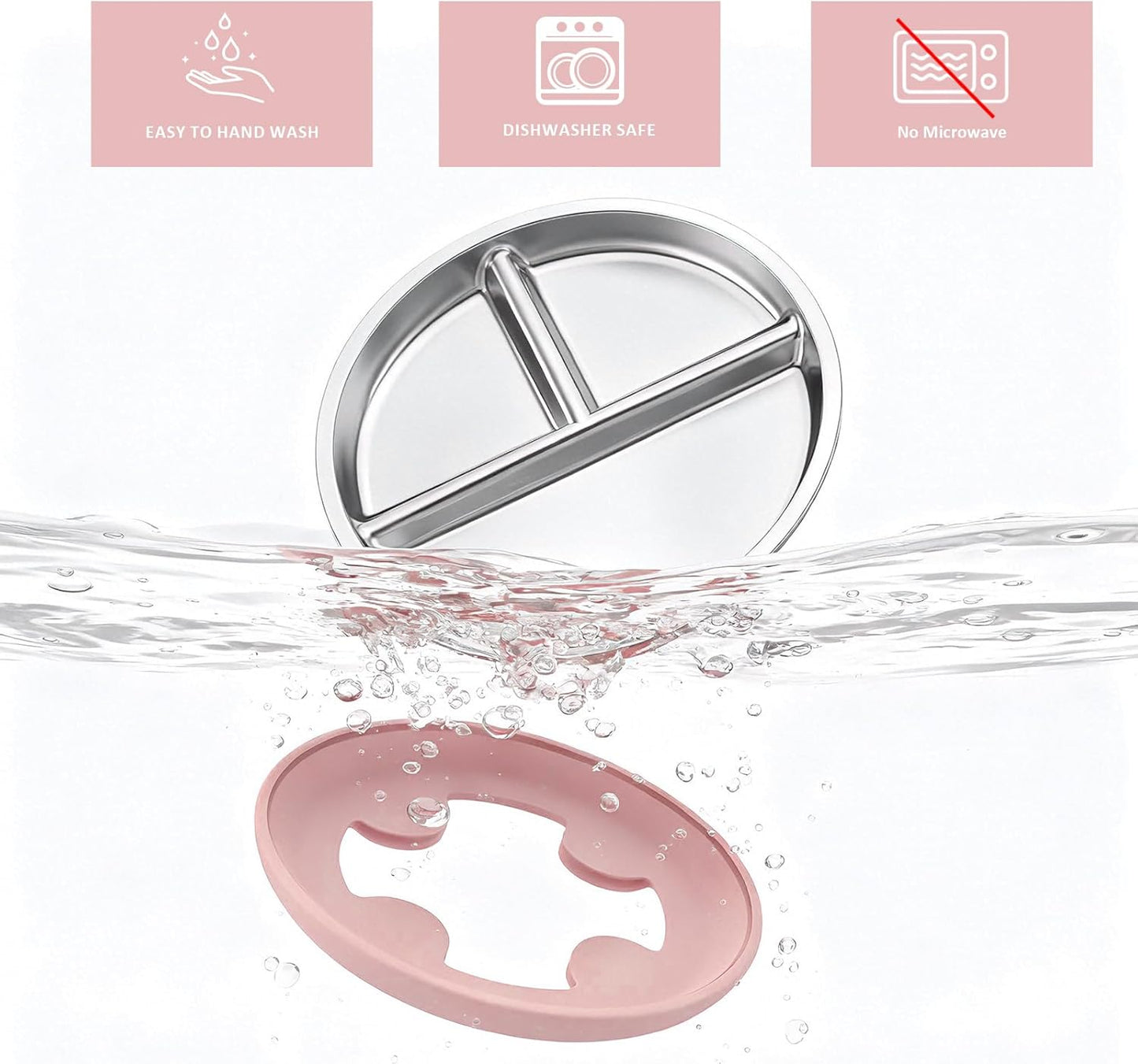 Bakpoco Stainless Steel Toddler Plate with Suction, 9” Divided Plates with Removable Silicone Sleeves for Kids, Non Toxic & BPA Free | Non Slip | Unbreakable Baby Snack Dishes Set of 2, Blue & Gray