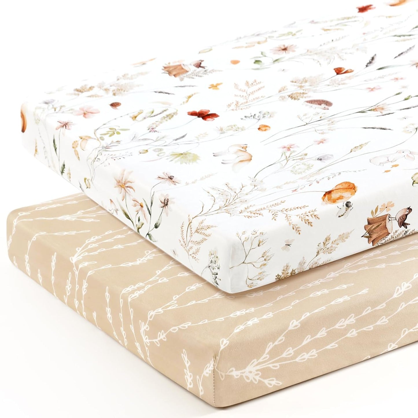 GRSSDER Stretch Ultra Soft Jersey Knit Fitted Pack n Play Playard Sheets Set 2 Pack，Fits Portable/Mini Cribs Sheets, Playards Mattress Pads, Stylish Watercolor Animals for Baby, Mint Green