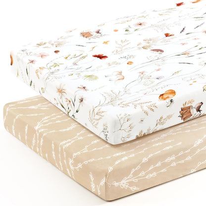 GRSSDER Stretch Ultra Soft Jersey Knit Fitted Pack n Play Playard Sheets Set 2 Pack，Fits Portable/Mini Cribs Sheets, Playards Mattress Pads, Stylish Watercolor Animals for Baby, Mint Green
