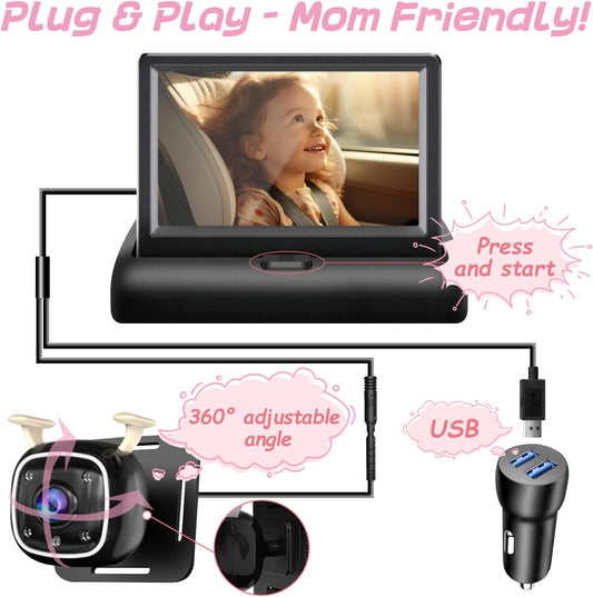 B1 Baby Car Camera with 4.3'' Monitor, USB Powered Rear Facing Seat Camera, HD 1080P Night Vision, 150° Wide Angle, Easy Installation, Safe & Portable Baby Monitor