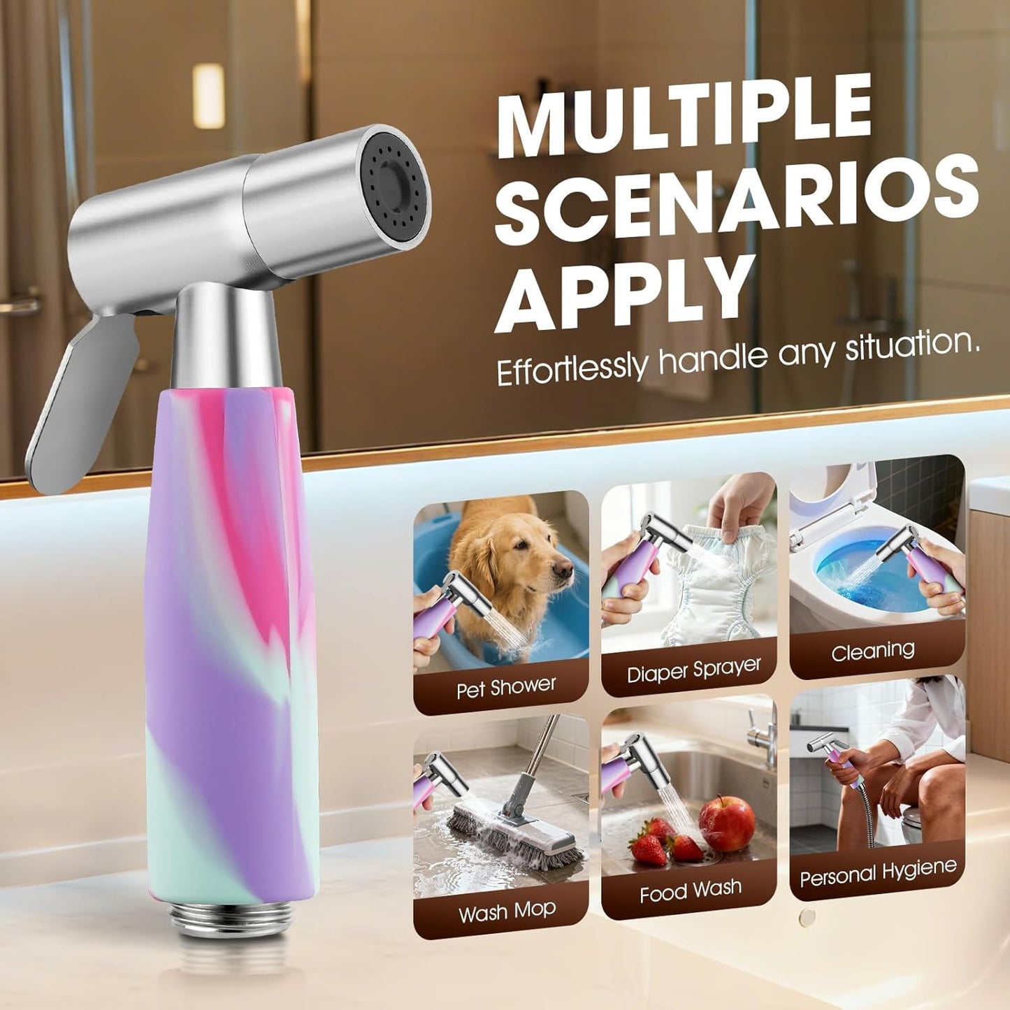 Handheld Bidet Sprayer Head,Stainless Steel Muslim Shower Head for Toilet,Adjustable Pressure Jet Sprayer for Feminine Hygiene and Pet Bath Bathroom Cloth Diaper Cleaning (Multicolor)
