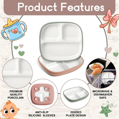Domensi Kids Porcelain Plates with Silicone Sleeves 8.2 Inch Divided Porcelain Plate Toddler White Suction Dishes for Baby Troubleless Eating Microwave Dishwasher Safe(Stylish,3 Set)