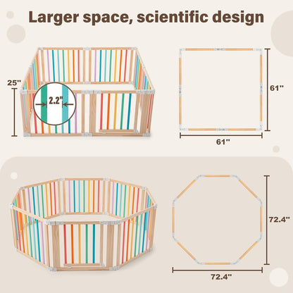 Foldable Wooden Playpen-51x51x25in-Large Baby Gate Playpen with Child-Proof Lock-Easy Assembly, Portable Design for Babies & Toddlers- Shape& Size Adjustable Baby Fence Play Area (Wood, 6 Panel)