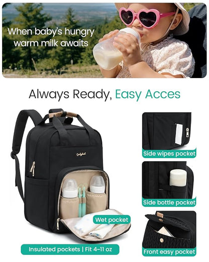 Qualyphant Extra Large Diaper Bag Backpack for Two Kids Twins - Expandable (26-36L) Baby Bag for Mom Girls Boys, Dual Big Compartments - Includes Changing Pad & Stroller Straps, Black, Quilted