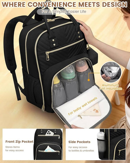 Pritent Diaper Bag Backpack,Baby Essentials Diapers Bag with Pacifier Case,Multipurpose Stylish Large Capacity Travel Backpack for Baby Girl/Boy(L-Black)