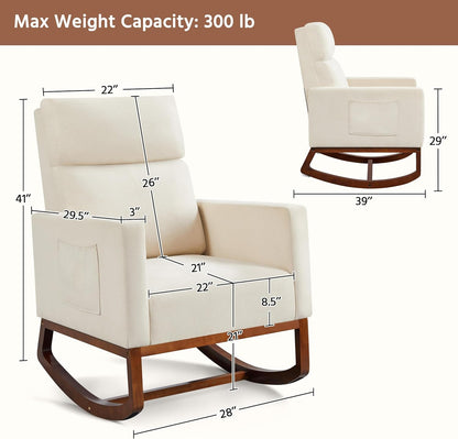 Yaheetech Upholstered Rocking Chair, Boucle Glider Chair Nursery Chair with High Back and Side Pocket, Rocking Accent Armchair with Rubber Wood Legs for Living Room/Bedroom/Nursery, Ivory