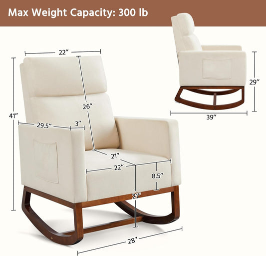 Yaheetech Upholstered Rocking Chair, Boucle Glider Chair Nursery Chair with High Back and Side Pocket, Rocking Accent Armchair with Rubber Wood Legs for Living Room/Bedroom/Nursery, Ivory