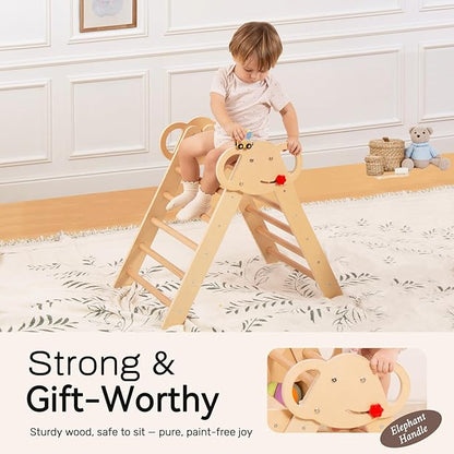 WINGYZ Pikler Triangle Set, Montessori Foldable 8-in-1 Jungle Gym with Reversible Animal Slide, Patent-Protected Climbing Set, Safe 2.35" Gap ASTM F963 Standards for Toddlers 18 Months-7 Years (Teak)