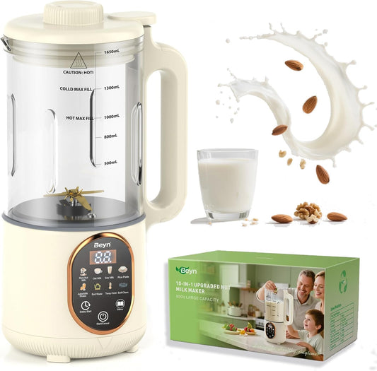 Beyn 10-in-1 Automatic Nut Milk Maker Machine, 60oz Large Capacity with 𝟒𝟖 𝐓𝐢𝐭𝐚𝐧𝐢𝐮𝐦 Blades & Self-Cleaning. for Homemade Almond, Soy, Oat Milk, Milkshake (Cream)