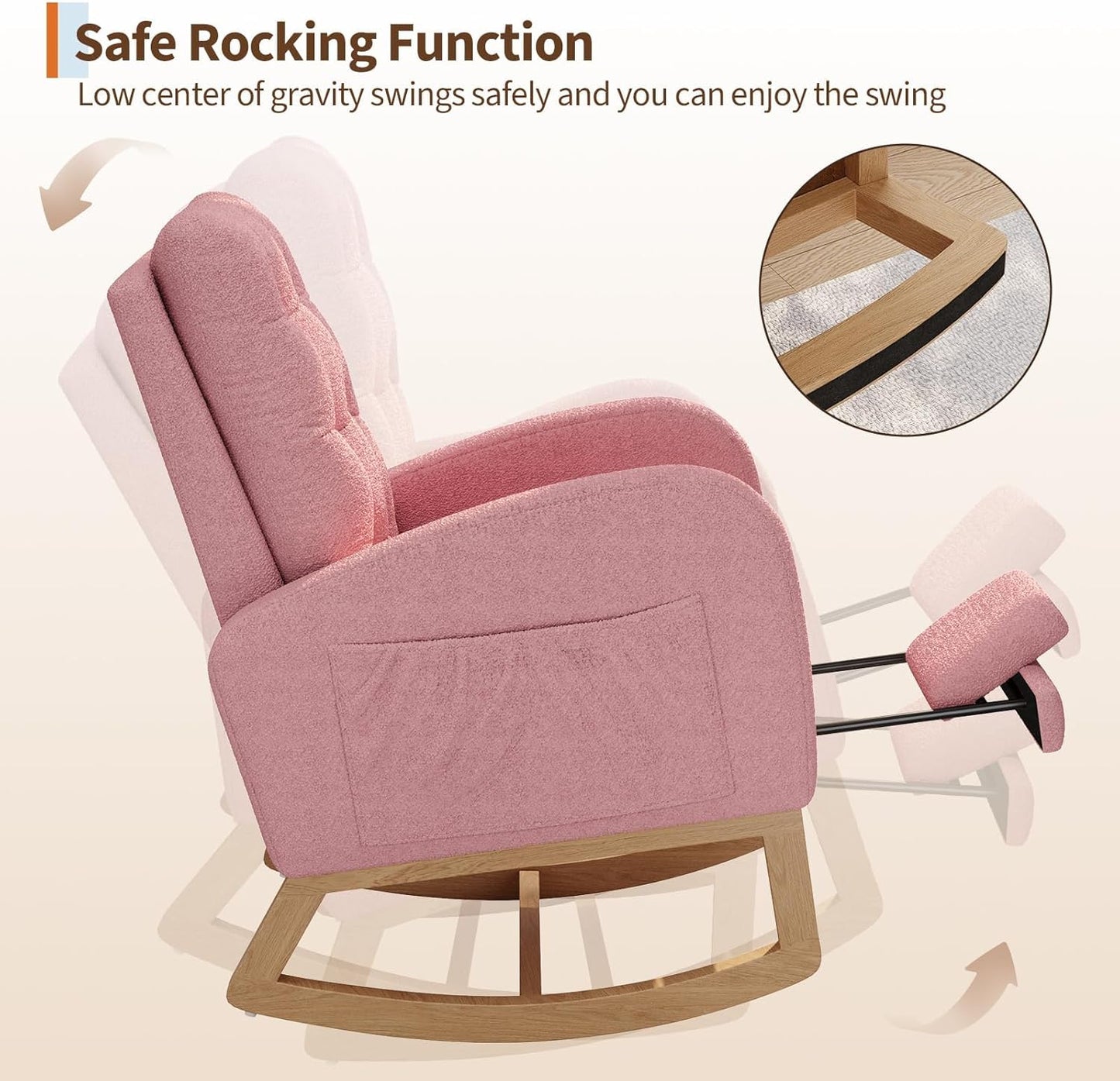 Modern Rocking Chair for Living Room, Comfortable Recliner Rocker with Side Pocket, Soft Linen Upholstered Glider Chair for Bedroom, Nursery, Lounge-Grey