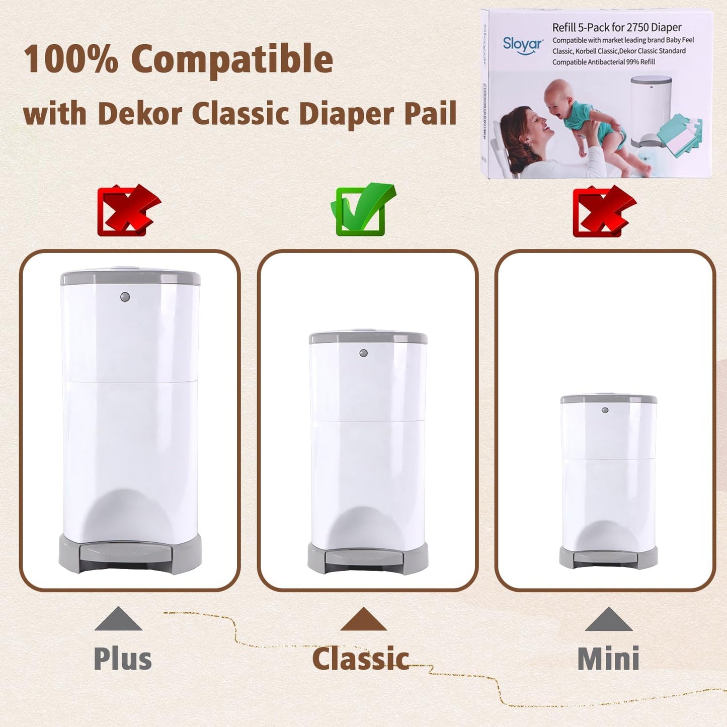 Sloyar Refills Compatible with DEKOR CLASSIC Diaper Pails/3 Pack/Versatile and Functional/Suitable for Seniors and Infants/Baby Powder Fragrance/Holds up to 1650 Diapers